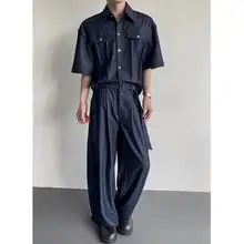 2点セット メンズ デニム 半袖シャツ ロングパンツ ドレープ ルーズ アメリカンスタイル ストリート カジュアル きれいめ