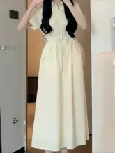 白色コットンPolo衿長袖ワンピース【ウエストシェイプ・夏用・カジュアルデザイン】（セットアップ対応）