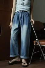 レトロブルーのハイウエストワイドレッグデニムパンツ【カジュアル・ストレート】