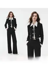 黒のデザイン職業短丈ジャケット【女性用・長パンツ・極上の柔らかさ・上品スタイル】（セットアップ対応）