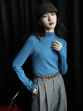 レディース 半高衿長袖Tシャツ【春秋用・リブ編み・ストレッチ・ブルー・シンプルデザイン】