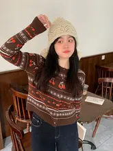 カフェ風さくらんぼプリントの大きいサイズ ニットセーター【女性用・ルーズフィット・秋冬】