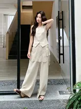 セットアップ 2点セット レディース ベスト ワイドパンツ レース フェイクレイヤード ベージュ きれいめ 上品 夏