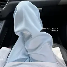 涼しげなブルーのワイドレッグパンツ【高腰・サテン風・夏用・フィット】（セットアップ対応）