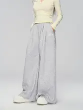 レース切り替えのグレー ワイドレッグパンツ【春用・・ルーズストレート】（セットアップ対応）