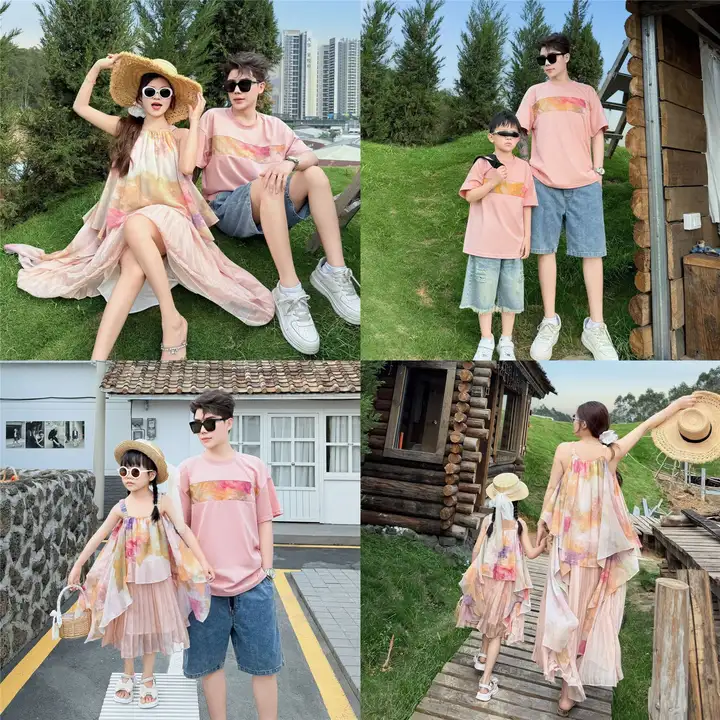 親子お揃いファミリーティーシャツ【海辺のリゾート・母娘用・フラワープリント・キャミソール・トレンディなデザイン】（セットアップ対応）