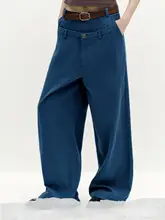 レトロ風ダブルウエストデザインのゆったりストレートパンツ【コットン製・秋用】