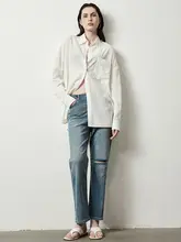 因由 夏用 ニットデニム パンツ【レディース・ハイウエスト・ストレート・9分丈・伸縮性・ルーズフィット】