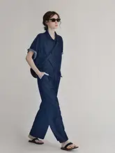 レトロデザインのデニムショートスリーブトップスとパンツ【春夏用・ドローストリング】（セットアップ対応）