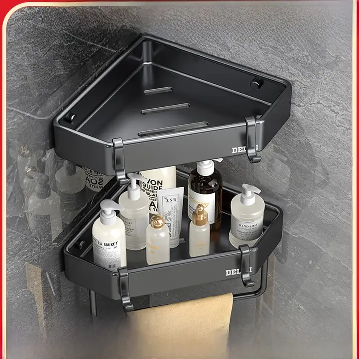 穴あけ不要の三角形バスルーム収納ラック【洗面台・トイレ・角にぴったり】