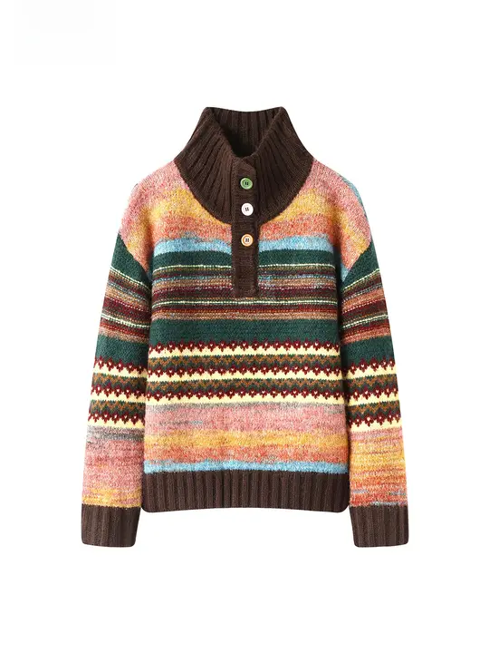 カラフルストライプのポロカラーニットセーター【上品な襟デザイン・ビジネスカジュアル・柔らかな着心地】