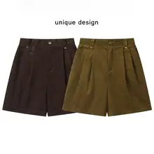 レトロなオリーブグリーンのコーデュロイショートパンツ【高腰・ワイドレッグ・スリム効果・カジュアル】