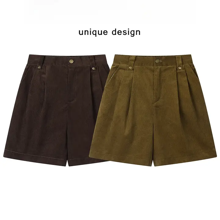 レトロなオリーブグリーンのコーデュロイショートパンツ【高腰・ワイドレッグ・スリム効果・カジュアル】