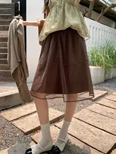 透け感のあるメッシュ切替えブラウンのAラインスカート【梨型体型カバー・夏用】