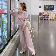 春秋用カジュアルレースフリルピンクスウェットシャツ＆パンツ