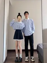 秋用カジュアルカップルコーデ（ストライプ柄・長袖シャツ・ワンピース・学院風）