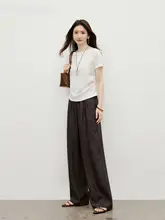 感のある女性用ストレートパンツ【エレガント・ウエストゴム・ポケット付き】