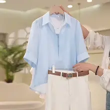 リネンブルーシャツ【夏用・フレンチスタイル・翻領・UVカット・ゆったり中袖】