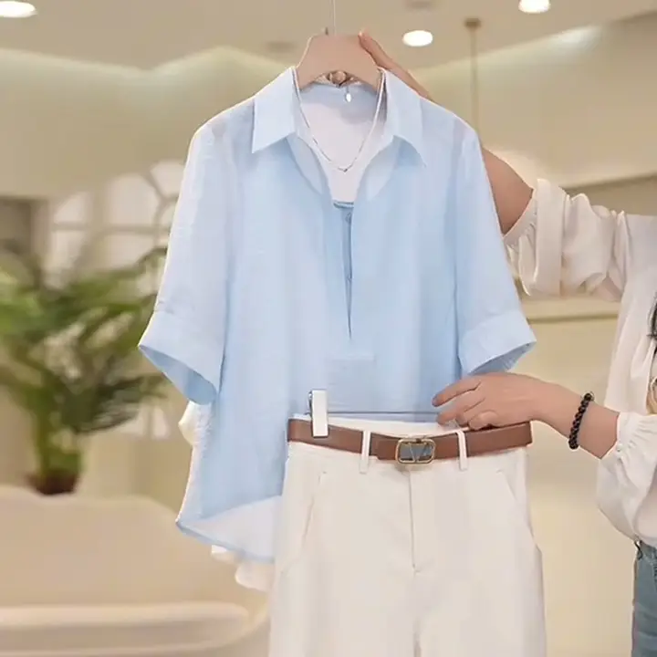 リネンブルーシャツ【夏用・フレンチスタイル・翻領・UVカット・ゆったり中袖】