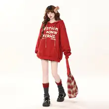 レトロ調 フロッキー文字 赤いパーカー【春秋用・ゆったりしたカジュアルスタイル・ダブルフード・コーデュロイ】
