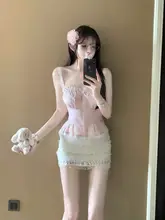 女性用 ピンクのキャミソールとレーススカート【セクシー・夏用・包臀デザイン】（セットアップ対応）