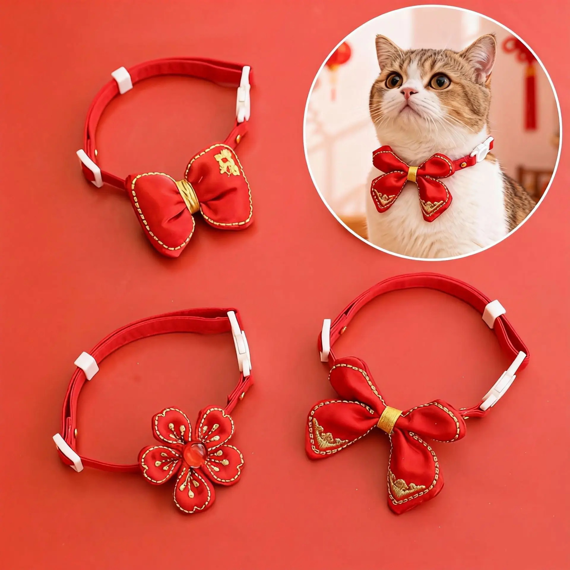 ペット用 ゴールドバタフライリボン首輪：赤い花柄刺繍で大型犬に合うかわいいデザイン
