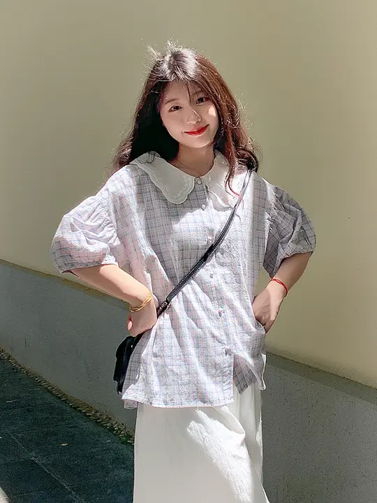 レース付き ドールカラー チェック柄 半袖ブラウス【女性用・パフスリーブ・夏向け】