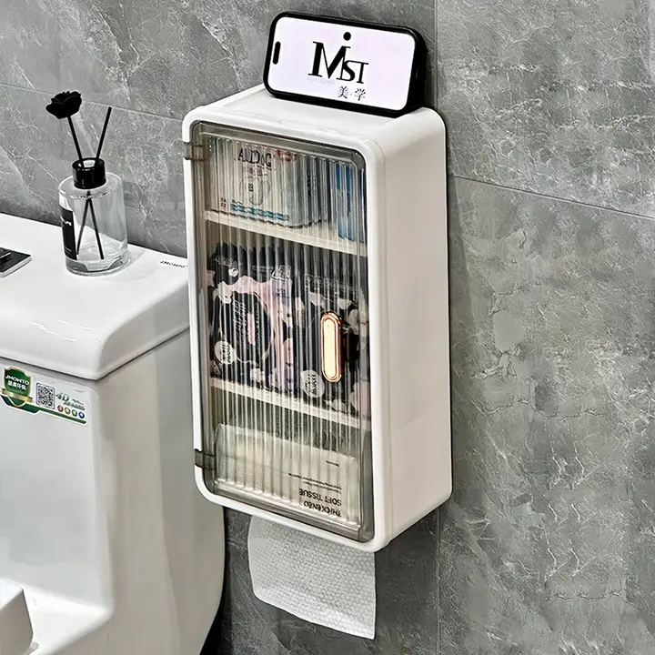 大容量トイレットペーパーホルダー【壁掛け式・洗面所収納】