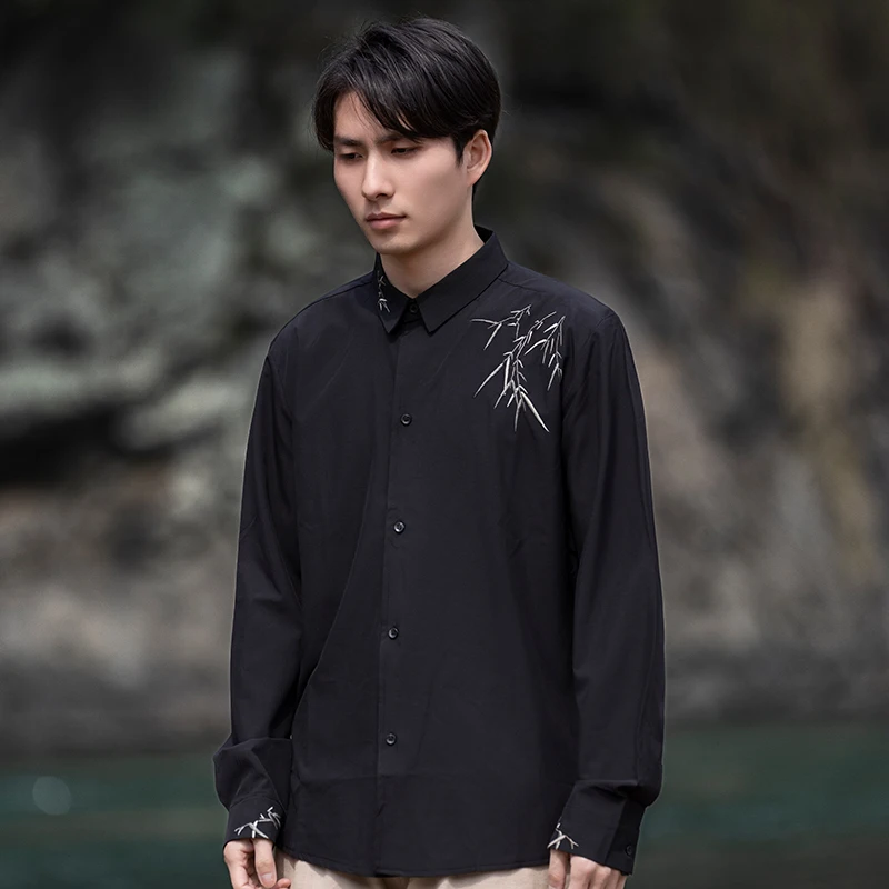竹の葉刺繍の新中式唐装 長袖シャツ【中国風・翻領・盤扣】 夏   メンズ コーデに最適なアイテム