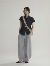 ストライプ柄 ワイドレッグカジュアルパンツ【ハイウエスト・フィット・通気性】（セットアップ対応）