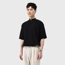 Tシャツ メンズ 半袖 モックネック 刺繍 ブラック ルーズ トレンド カジュアル きれいめ インナー 夏