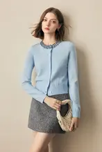 ブルーウールビーズニットカーディガン【デザイン性のあるエレガントな女性用アウター】