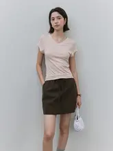Tシャツ レディース リヨセル Vネック パイピング タイトフィット 着回し カジュアル 若見え 夏 「VOOE」