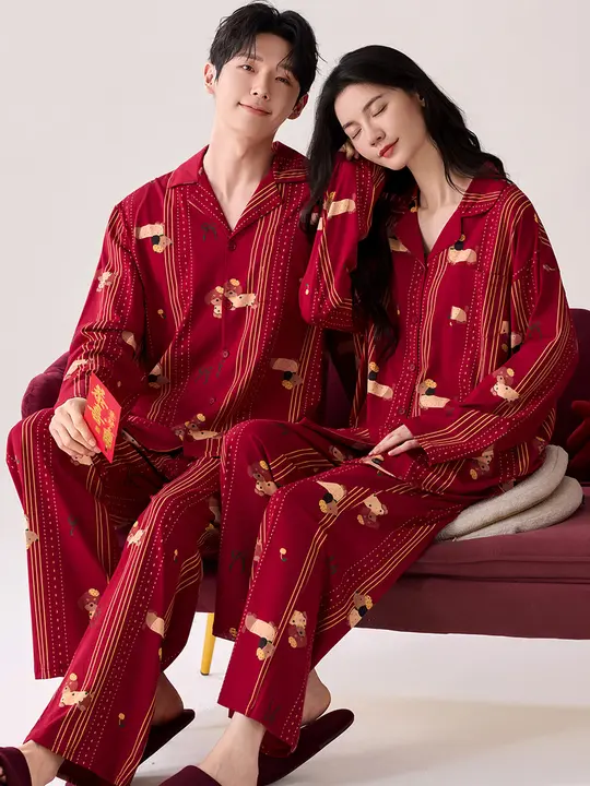 春秋用 大きなサイズの赤い婚礼カップルパジャマ【胸パッド付き・カーディガンスタイル・ホームウェア】（セットアップ対応）