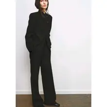 長袖ハイネックボタンデザインジャケット【エレガントスタイル】& ジッパーデザインのロングハイウエストワイドパンツ（セットアップ対応）