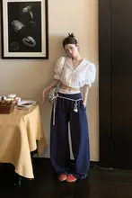 ショートスリーブボウタイブラウスとハイウエストカジュアルパンツ【コントラストカラー・セットアップ対応】