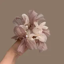 華やかなレースのリボンパールヘアゴム【ダイヤモンド装飾・オーガンジー使用】