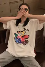 スタイルの白いコットン薄手Tシャツ【レディース・ゆったりシルエット・スイートカジュアル・カップル向け】