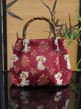 金獅子柄のシルク製竹筒バッグ【中華風・可愛い・祝いの赤色】