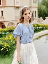 軽やかで透け感のあるシフォンブラウス【バルーン袖・フランス風デザイン・短袖】