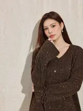 Vネックカジュアルニットトップス【女性用・ウール混紡・ブラウン・ドット柄・ゆったりデザイン】（セットアップ対応）