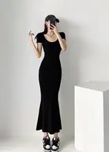 コットン素材のシンプルロングフィッシュテールドレス【短袖・リッチスタイル・小柄対応】