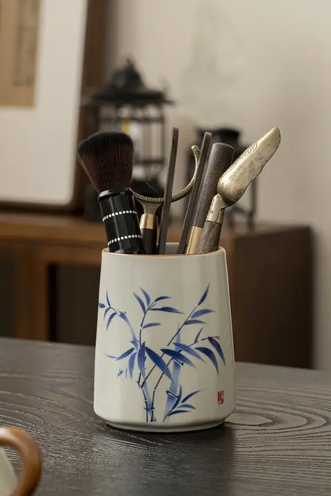 手描き竹製茶道六君子セット【家庭用・黒檀茶さじ・茶クリッパー・茶針付き】