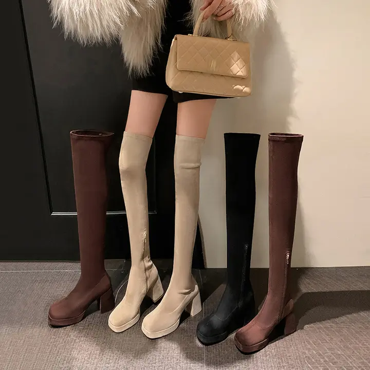 防水仕様のロングブーツ【厚底・スエード・カーキ・膝上丈】