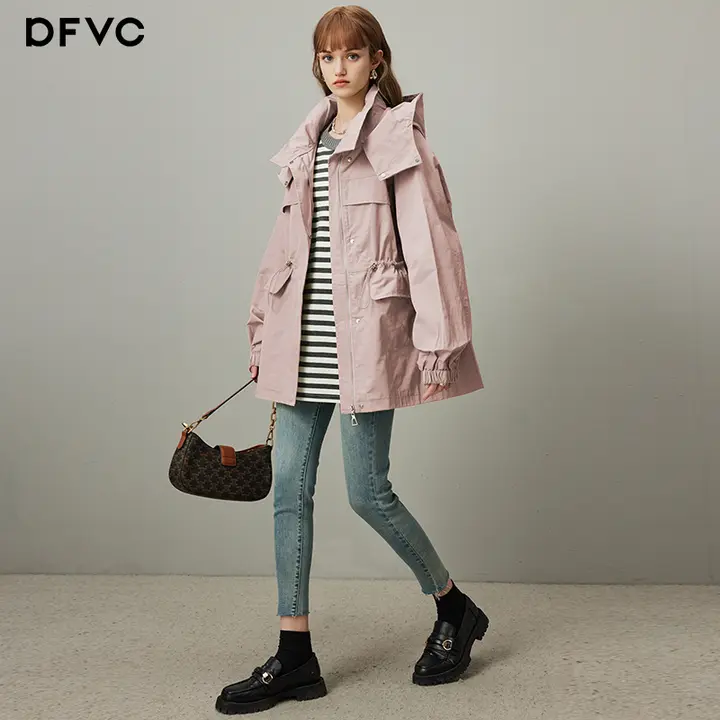 トレンチコート レディース ワークコート ミディアム丈 フード付き ウエストシェイプ 着痩せ 秋「dfvc」