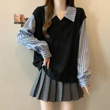 ルーズフィット ニットストライプシャツ【秋用・短丈・大きいサイズ・二重デザイン】（セットアップ対応）