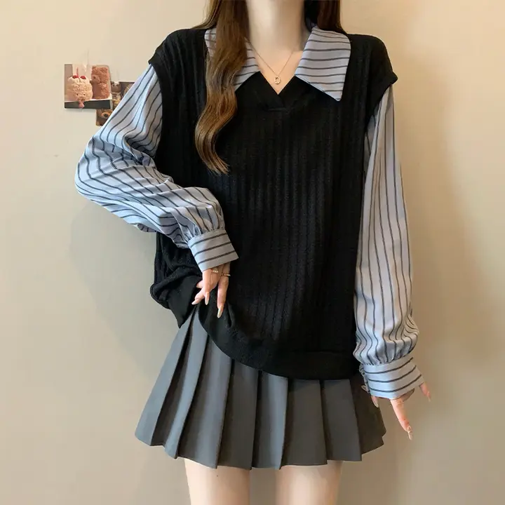 ルーズフィット ニットストライプシャツ【秋用・短丈・大きいサイズ・二重デザイン】（セットアップ対応）