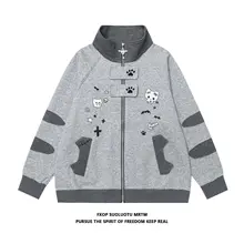 可愛らしい刺繍入りスタンドカラーカーディガン【猫と犬の爪・ゆったりシルエット・学生向け】