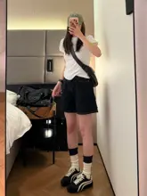 アメリカンヴィンテージ風 深藍色ハイウエストストレートデニムショートパンツ【夏用・ルーズフィット・Aライン】（セットアップ対応）