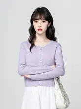 春秋用 軽量ニット カーディガン【紫色・ラウンドネック・ゆったりフィット・短丈】（セットアップ対応）